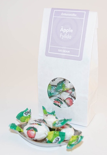 [L9176] Äpple fyllda i papper örtkarameller vit påse med fönster 100g