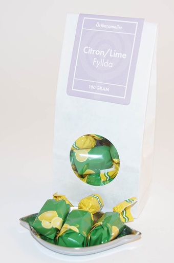 [L9178] Citron/lime fyllda i papper örtkarameller vit påse med fönster 100g