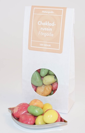 [L9304] Choklad russin färgade vit påse med fönster 100g