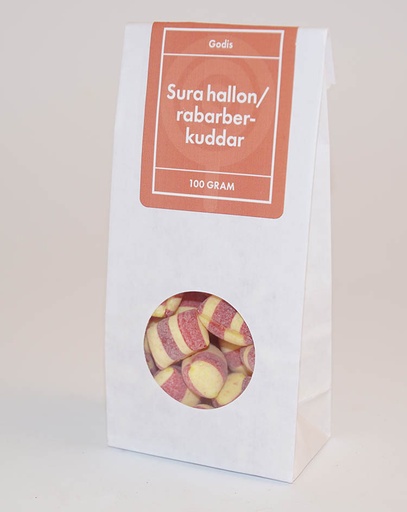 [L9351] Sour raspberry/rhubarb pillows GRENNA white bag with window 100g