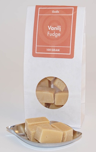 [L9389] Vanilj fudge kolafabriken vit påse med fönster 100g