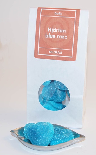 [L9415] Hjärtan Blue razz vit påse med fönster 100g