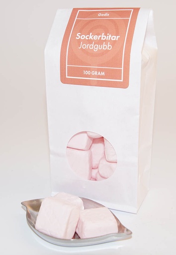 [L9433] Sockerbit jordgubb vit påse med fönster 100g