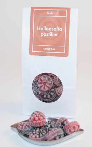 [L9542] Hallonsalta pastiller GRENNA vit påse med fönster 100g