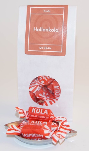 [L9556] Hallonkola kolafabriken vit påse med fönster 100g