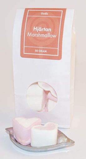 [L9726] Hjärtan marshmallow 50g vit påse med runt fönster