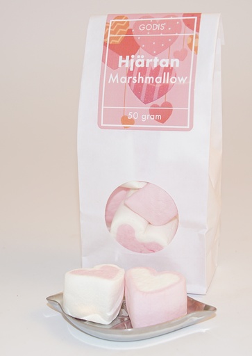 [L9726B] Hjärtan marshmallow 50g vit påse med runt fönster