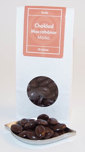 [L9744] Choklad moccabönor MÖRK vit påse med fönster 75g