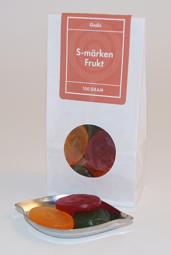 [L9759] S-märke Frukt vit påse med fönster 100g