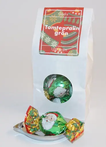 [L9901B] Santa praline GREEN white bag with window 100g