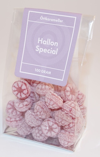 [P9149] Hallon special örtkarameller i ståpåse 100g