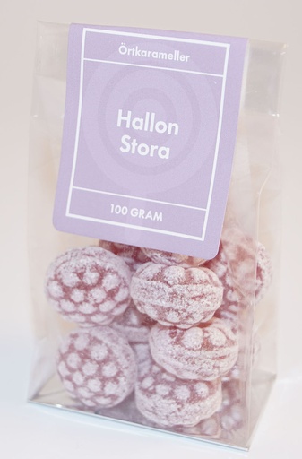[P9152] Hallon stora örtkarameller i ståpåse 100g