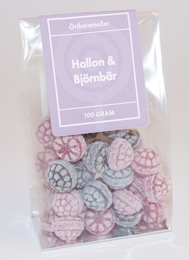 [P9156] Hallon och björnbär örtkarameller i ståpåse 100g