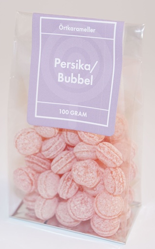 [P9157] Persika/bubbel örtkarameller i ståpåse 100g