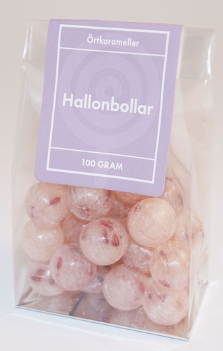 [P9164] Hallonbollar örtkarameller i ståpåse 100g