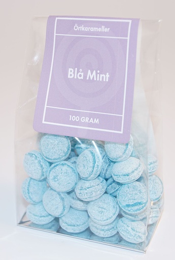 [P9167] Blå mint örtkarameller i ståpåse 100g