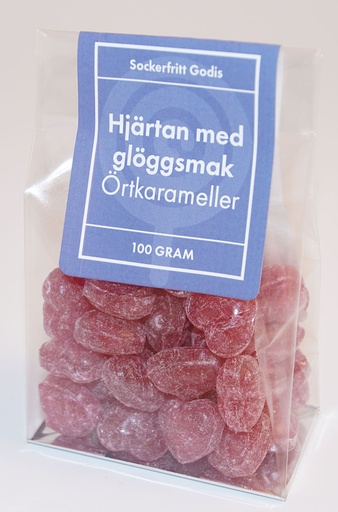 [P9175] Hjärtan med glögg Sockerfria örtkarameller i ståpåse 100g