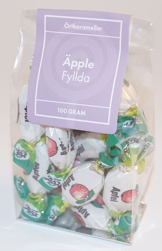 [P9176] Äpple fylld med papper örtkarameller i ståpåse 100g