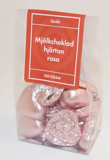 [P9763] Mjölkchoklad hjärtan Rosa papper i ståpåse