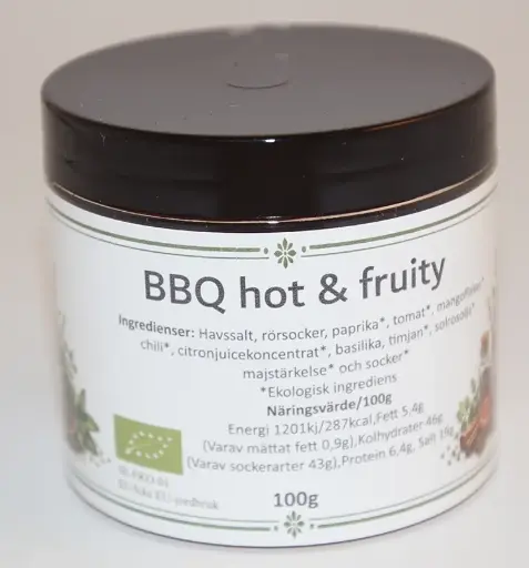 [S294D] BBQ Hot and fruity fp i petburk med svart lock 100g