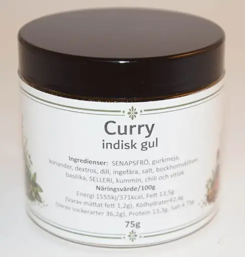 [S29D] Curry gul fp i petburk med svart lock 75g