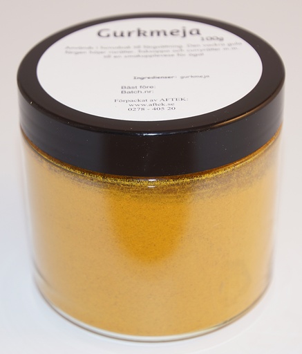 [S75D] Gurkmeja fp i petburk med svart lock 100g